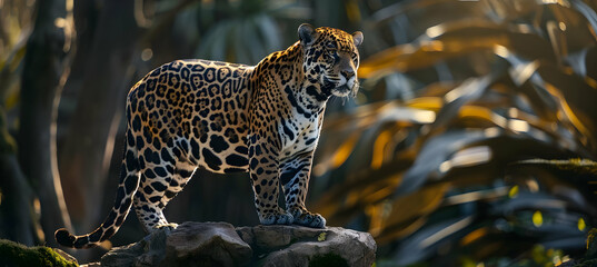 A majestic jaguar stands on a rock in a lush jungle, showcasing its powerful build and stunning spotted coat in the sunlight.