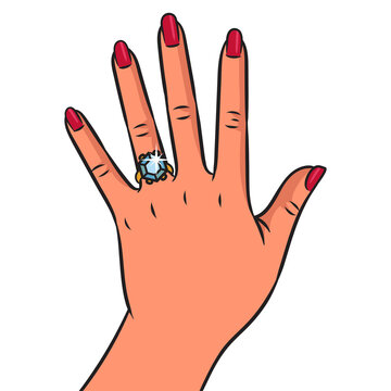 recommend clip art: engagement wedding ring with diamond on girl hand pinup pop art retro PNG illustration. Comic book style imitation.