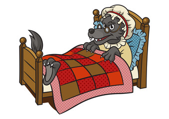 Sly wolf in bed from Little Red Riding Hood fairy tale pinup pop art retro PNG illustration. Comic book style imitation. © Oleksandr Pokusai