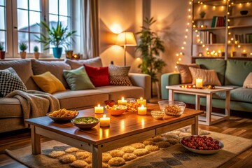 Cozy living room setup with board game, snacks, and soft lighting, evoking warmth and togetherness of a joyful family game night without a single person in sight.