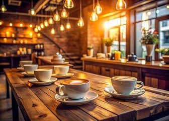 Cozy corner of a bustling coffee shop with a loyalty rewards board, empty cups, and saucers on a wooden table amidst warm ambient lighting.