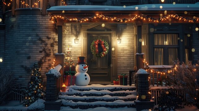 warmly lit house adorned with holiday decorations Christmas lights twinkle and a snowman stands guard at the front door A wreath with the Mosaic logo hangs on the door
