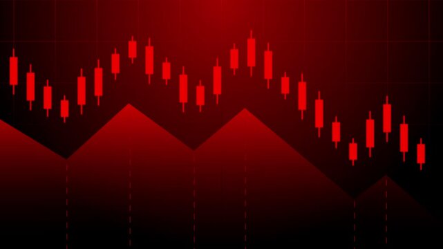 Red financial chart with candlestick patterns and zigzag lines showing market trends and fluctuations.