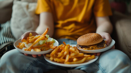 person wearing a yellow shirt holding two plates of fast food: one with a burger and fries, the other with fries and sauce. The scene suggests indulgence in unhealthy eating habits