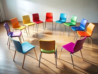Empty chairs of various colors arranged in a circle, symbolizing a safe space for diverse individuals to share thoughts and emotions during group therapy sessions.