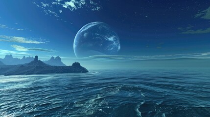 Fototapeta premium Blue hypothetical ocean planet ocean planet ocean world water world aquaplanet or panthalassic planet