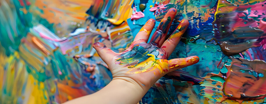 Close-up of a child's hand with colorful paint splashes, creating an artistic masterpiece on a vibrant canvas.