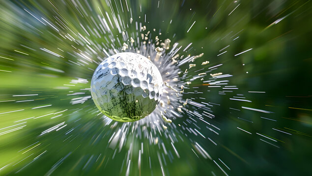 Close-up shot of a golf ball in motion with dynamic lighting and focus, capturing the energy and excitement of the sport.