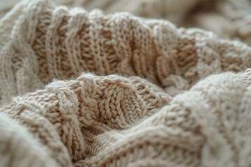 Cozy close-up of a knitted beige blanket, showcasing detailed texture and pattern, ideal for conveying warmth and comfort in any scene.