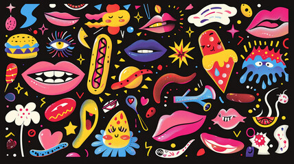 Obraz premium vibrant, eclectic collage features colorful illustrations of lips, burgers, ice cream, stars, and abstract shapes against a black background, creating a lively and chaotic pattern
