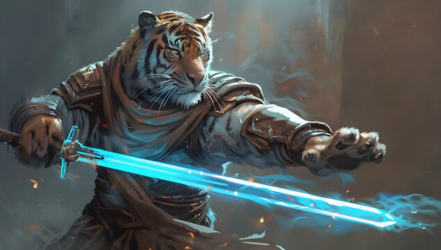 Epic digital illustration of a warrior tiger holding a glowing blue sword, ready for battle in a fantasy setting.