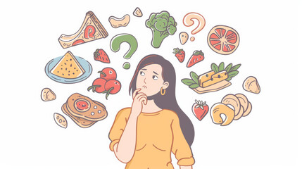 woman descent is pondering various food options. Around her head are illustrations of fruits, vegetables, and snacks, symbolizing healthy and unhealthy choices