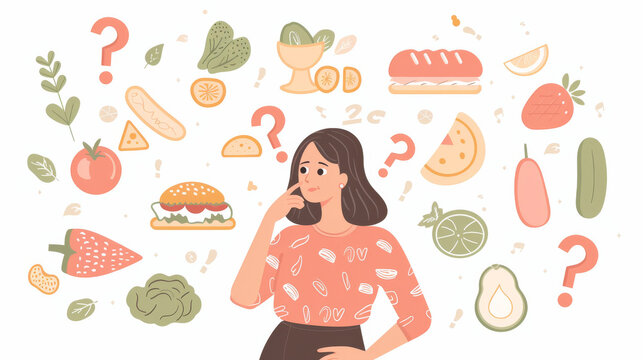woman descent is pondering various food options. Around her head are illustrations of fruits, vegetables, and snacks, symbolizing healthy and unhealthy choices