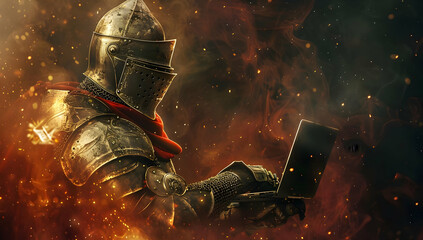 Medieval knight in armor typing on a laptop amidst fiery sparks; blend of ancient and modern technology, fantasy concept.