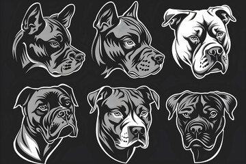Obraz premium Set of six detailed vector illustrations of different dog breeds in monochrome style, ideal for tattoos, logos, and decals.