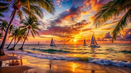 Warm golden light illuminates serene ocean waves, sailboat silhouettes, and distant palm trees as vibrant pink and orange hues paint the breathtaking sunset sky.