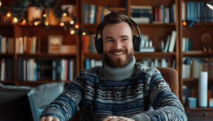 Smiling man in a cozy sweater with headphones enjoying music or a video call in a warmly lit library or study room.