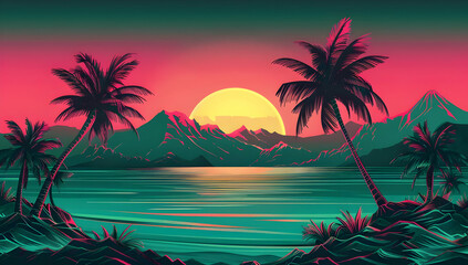 Vibrant tropical sunset with palm trees, mountain silhouette, and calm ocean waters. Perfect for travel or vacation themes.