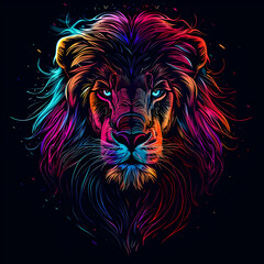 Vibrant, colorful digital artwork of a majestic lion's face against a dark background, showcasing striking, bright hues and intricate details.