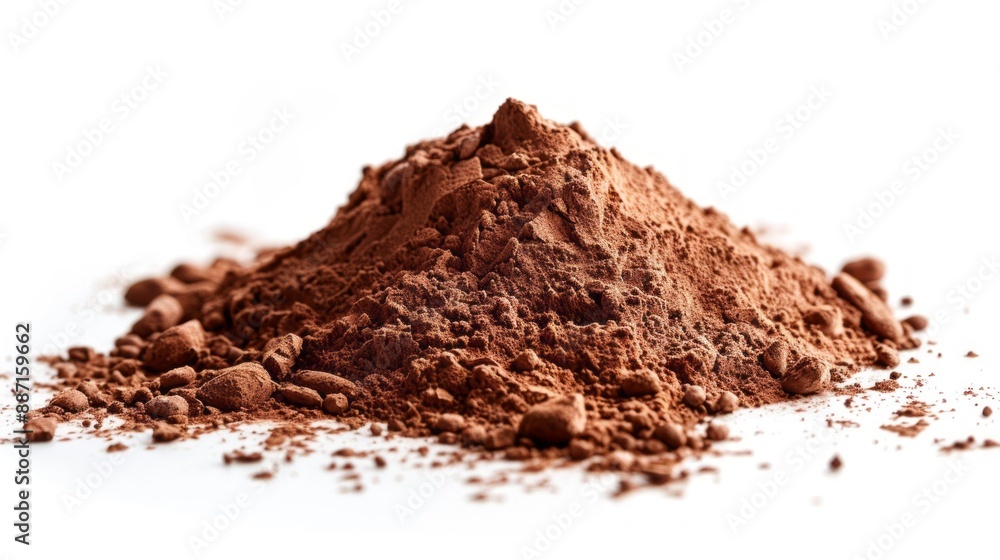 Poster a heap of cocoa powder on a white surface, the deep brown color standing out against the clean backg