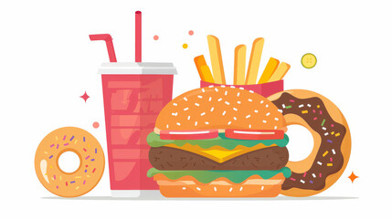 vibrant fast-food illustration featuring a burger, fries, donuts, and a drink, emphasizing the variety and appeal of quick meals in a colorful, cartoonish style, ultra-processed food, upf, unhealthy
