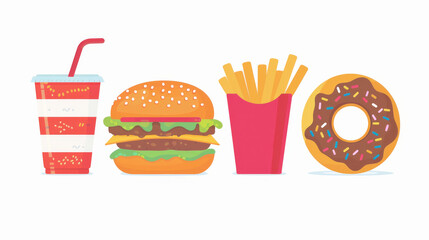 vibrant fast-food illustration featuring a burger, fries, donuts, and a drink, emphasizing the variety and appeal of quick meals in a colorful, cartoonish style, ultra-processed food, upf, unhealthy