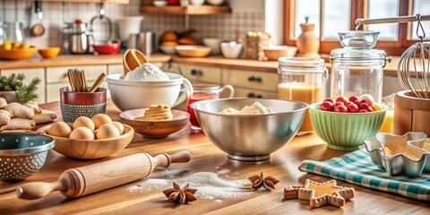 Warmly lit kitchen scene with mixing bowls, utensils, and cookie cutters on a flour-dusted counter, surrounded by sweet treats and baking essentials.
