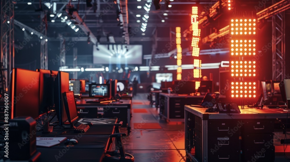 Aufkleber a row of empty gaming stations with red lights and a large screen in the background, ready for the n