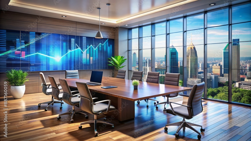 Poster modern office setting with sleek furniture and advanced technology, featuring financial charts and g