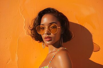 Young woman in bikini and sunglasses posing against orange background