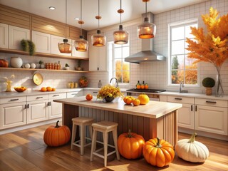 Vibrant orange pumpkins and leaves adorn the sleek white countertops and kitchen island of this modern fall-themed kitchen, surrounded by warm neutral tones.