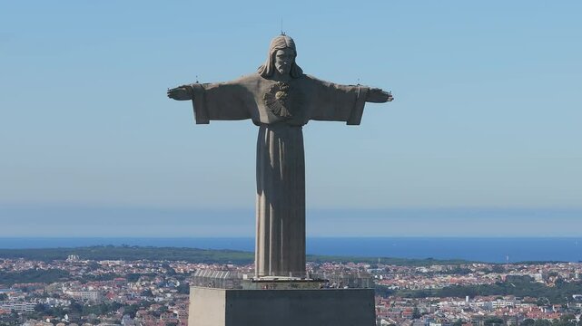 Aerial view of Sanctuary of Christ the King or Santuario de Cristo Rei on sunny summer day in Lisbon, Portugal.