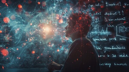 A person is deep in thought amidst an array of complex mathematical equations, glowing symbols, and scientific notations, suggesting intense study and contemplation.