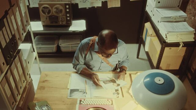 African American detective reading investigation report and studying mugshots at desk with vintage typewriter and telephone. View from above