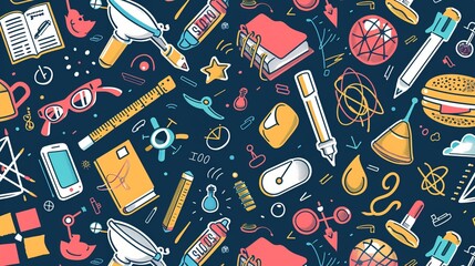 A pattern featuring science-related objects and symbols including books, magnifying glasses, and geometric shapes over a dark blue background, evoking curiosity and knowledge.