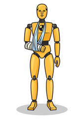 Crash test dummy with broken hand pop art retro PNG illustration. Comic book style imitation.