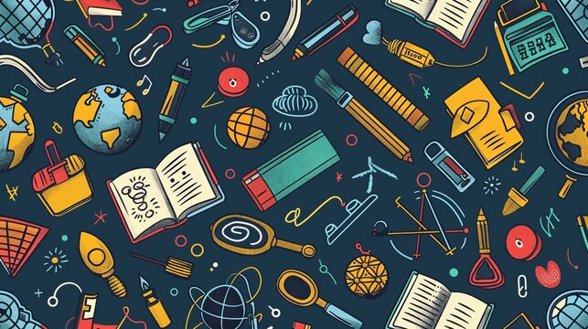A pattern showcasing global science themes including globes, lab equipment, and educational icons on a dark background, representing the pursuit of knowledge and exploration.