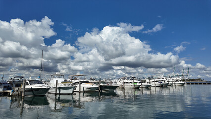 Yacht in navigation. Private luxury boat anchored off Miami beach. Summer boat vacation. Miami...