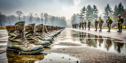Wet pavement glistens as footprints of military boots lead into the distance, abandoned equipment scattered, misty rain surrounds an empty, rugged, obstacle-filled training course.