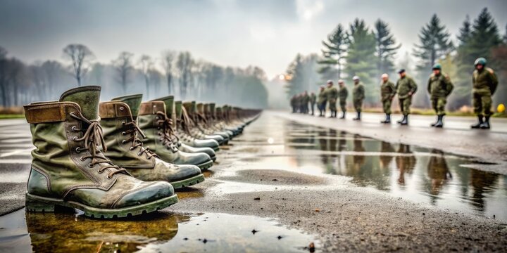 Wet pavement glistens as footprints of military boots lead into the distance, abandoned equipment scattered, misty rain surrounds an empty, rugged, obstacle-filled training course. - Powered by Adobe
