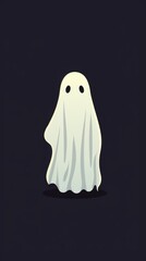 A white ghost with two black eyes floats in the middle of a dark background, halloween mood