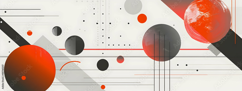 Poster abstract geometric background with red and gray circles, lines, and shapes, creating a modern and ar