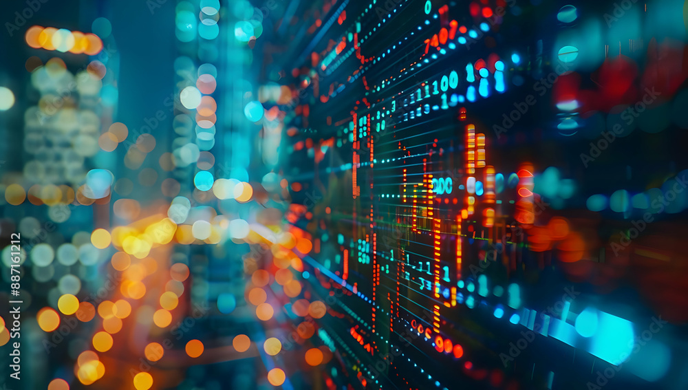 Poster abstract image of city lights and digital data on a screen, representing modern technology, big data