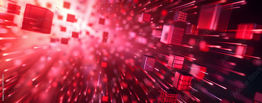 Poster abstract red digital background with moving pixel blocks and glowing lights, ideal for technology, d