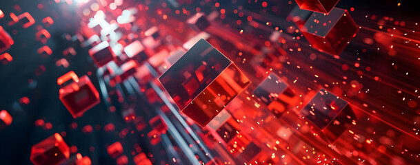 Obraz premium Abstract red digital blocks in motion with light beams, representing data, technology, and futuristic concepts. High-resolution stock photo.