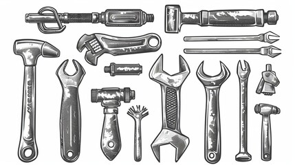 Grayscale illustration showcasing a collection of diverse hand tools including wrenches, hammers, pliers, and screwdrivers, representing essential items for any toolkit.