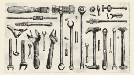 An intricate grayscale drawing displaying an array of hand tools such as spanners, wrenches, and hammers, essential for various repair and construction tasks.