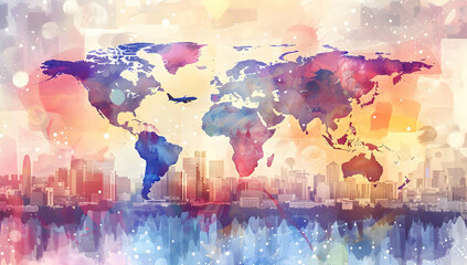 Artistic watercolor world map over city skyline, vibrant colors and abstract design to represent global connection and diversity.