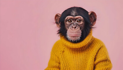 Chimpanzee wearing a yellow sweater with a pink background, displaying a cute and whimsical vibe, perfect for creative projects.