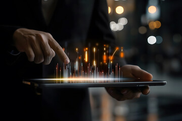 Business man holding a digital tablet to analyze the stock market graphs and charts
